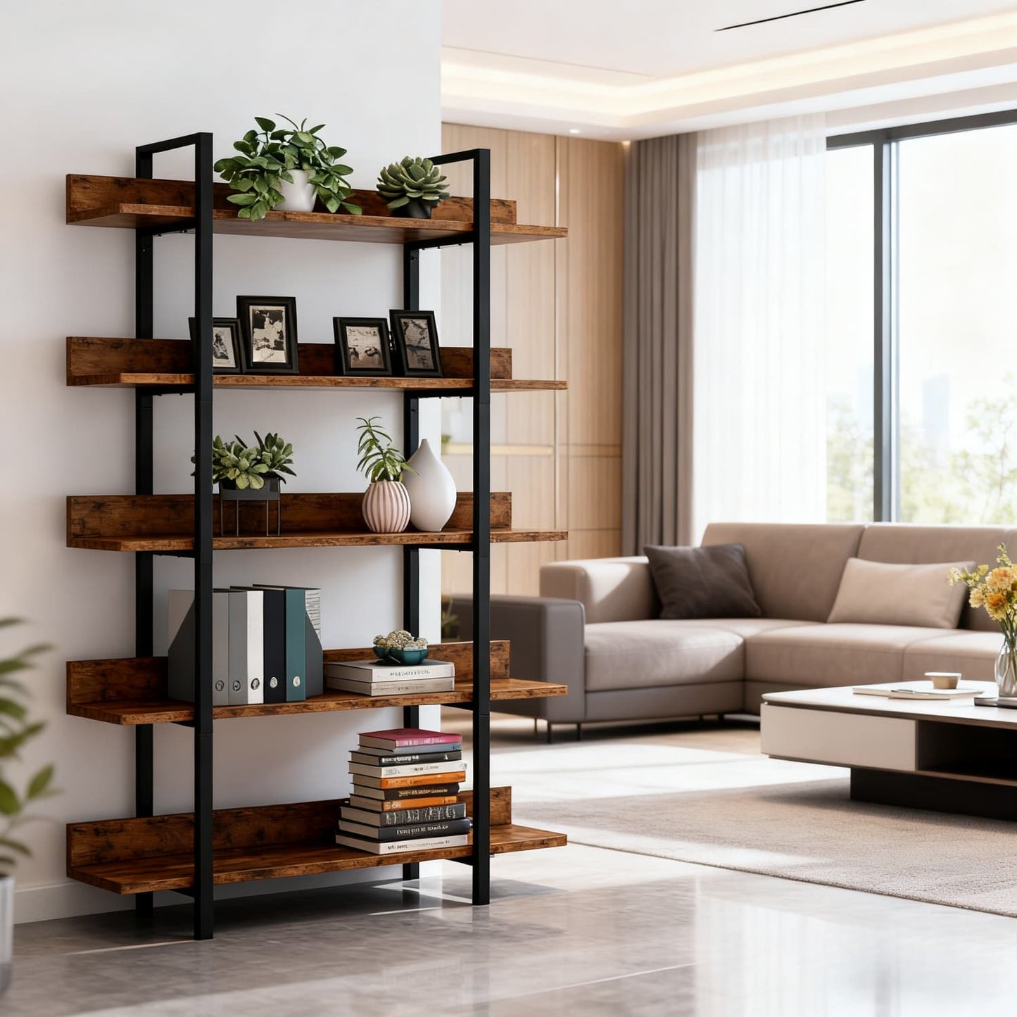 Boekenkast – Boekenrek – Vakkenkast – Opbergkast – Wandkast – Industrieel Design – 5 Laags – Metalen Frame & Houten Planken – 105x33,5x180 cm – Draagkracht 30 kg per Plank
