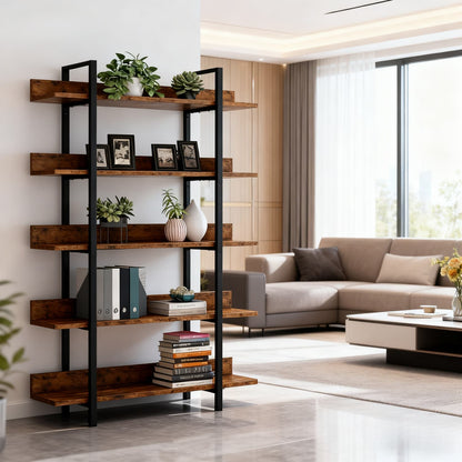 Boekenkast – Boekenrek – Vakkenkast – Opbergkast – Wandkast – Industrieel Design – 5 Laags – Metalen Frame & Houten Planken – 105x33,5x180 cm – Draagkracht 30 kg per Plank