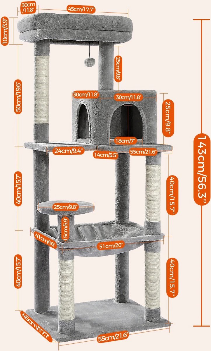 Multilevel Kattenboom - 5 verdiepingen - Inclusief Hangmat - Met Krabpalen en leuk speeltje - Voor grote katten - Grijs