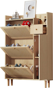 Houten Rotan Schoenenkast - Schoenenkast met 3 Schuine Deuren en 1 Lade - Massief Houten Poten en Handgrepen - Voor Smalle Ingangen - 90 x 125 x 17 cm