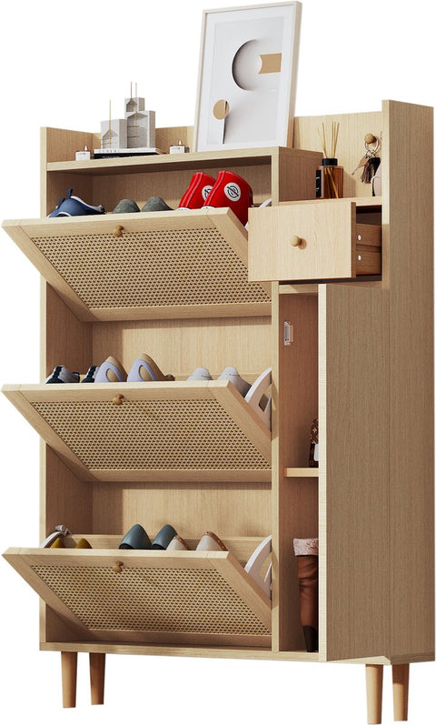 Houten Rotan Schoenenkast - Schoenenkast met 3 Schuine Deuren en 1 Lade - Massief Houten Poten en Handgrepen - Voor Smalle Ingangen - 90 x 125 x 17 cm