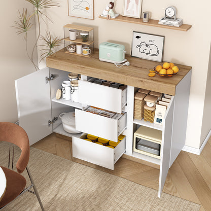 Merax Dresser with 3 Drawers and 2 Doors, Lockable Compartment, Storage Function, for Bedroom and Living Room, E1 Chipboard, White+Oak