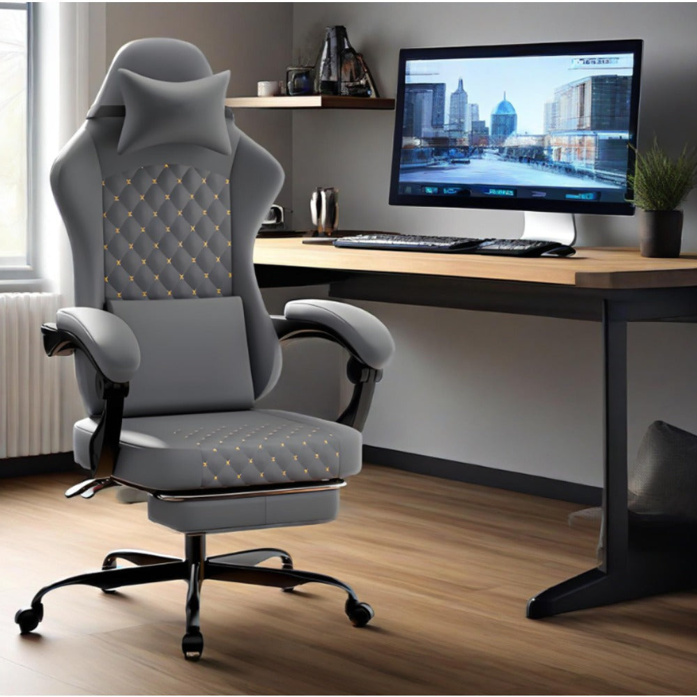 Gaming Chair in Leather with Massage Function and Footrest | Ergonomic Computer Chair for Gaming and Office Use, Supports up to 150kg, Enhances Comfort, Grey