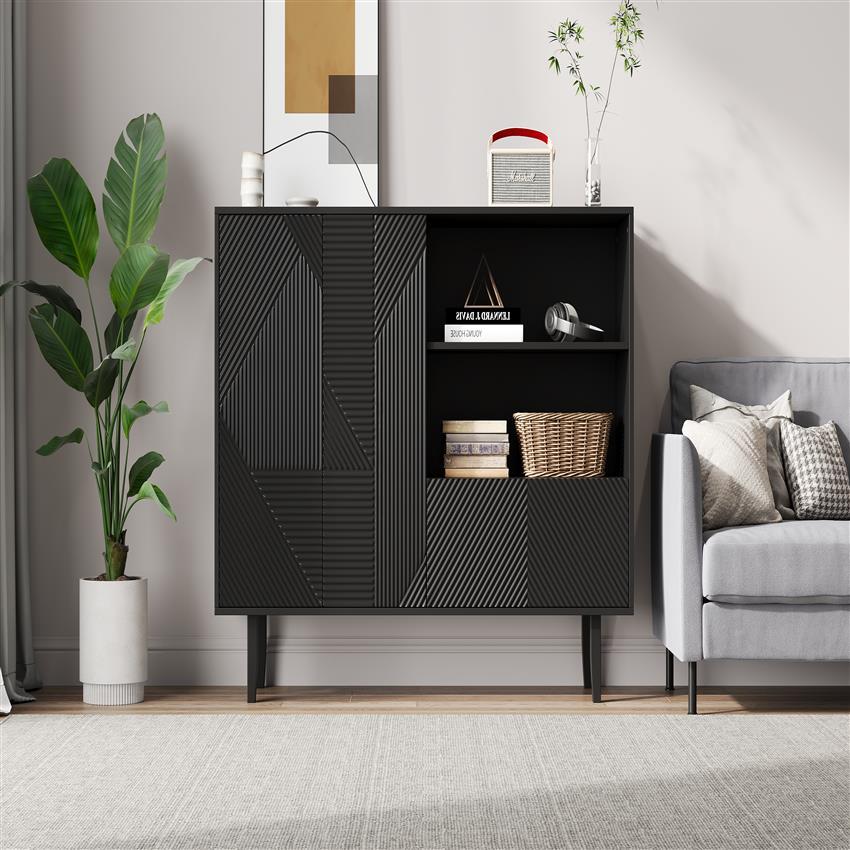 Dressoir – Opbergkast – Buffettafel – TV-meubel – Kast – Mat Zwart – Geometrisch Reliëf – 125x40x86 cm – Stevige Spaanplaat</s>