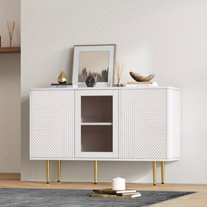 White Commode 3 Doors Glass Front Metal Legs Modern Storage Cabinet 120 cm Wide 38 cm Deep 79.5 cm High Dresser Chest of Drawers