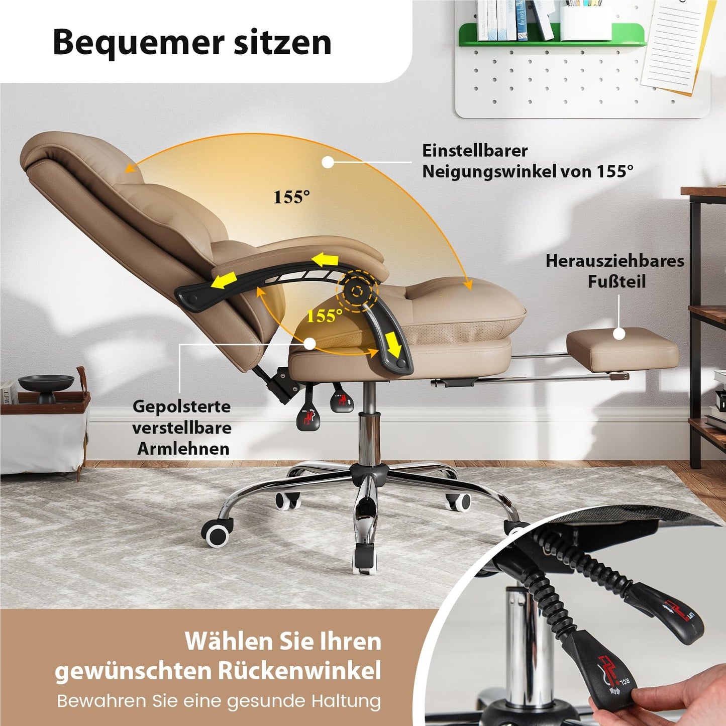 Bureaustoel – Kantoorstoel – Werkstoel – Computestoel – Gamestoel – Ergonomisch Met Uittrekbare Voetensteun – Verstelbare Rugleuning Tot 155° – Kunstleer In Koffiekleur