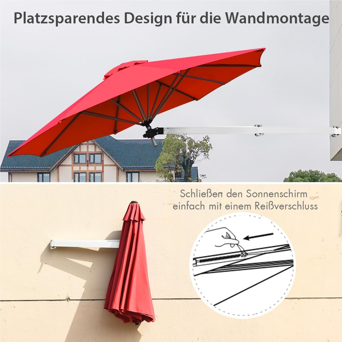 Muurparasol – Wandparasol – Balkonparasol – Zonnescherm – Terrasparasol – Aluminium Frame – Ø 250 cm Rode Parasol