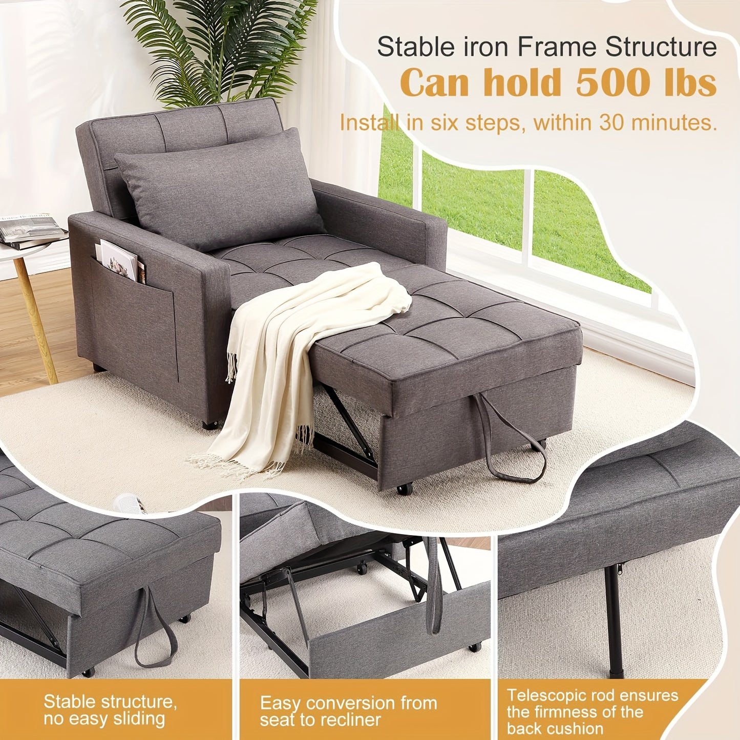 3-in-1 Slaapstoel – Slaapbank – Loungestoel – Relaxzetel – Opklapbare Stoel – Verstelbare Rugleuning 90°-180° – Stevig Metalen Frame – Donkergrijs Linnen