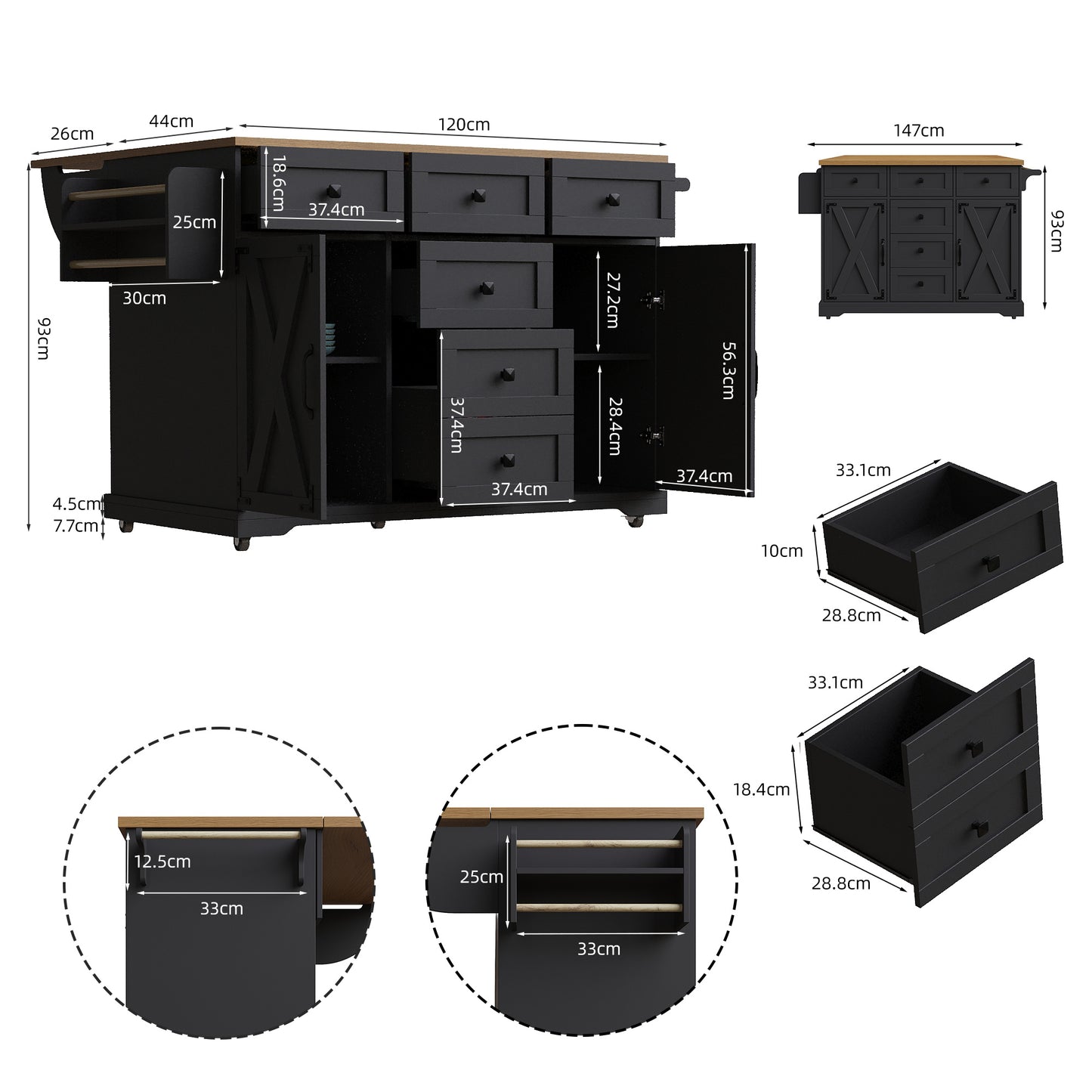Multifunctionele Keukentrolley – Serveerwagen – Werkbank – Buffetwagen – Opbergmeubel – Zwart Met Metalen Details – Klapsysteem Tot 70 Cm – Mobiel Met Wieltjes