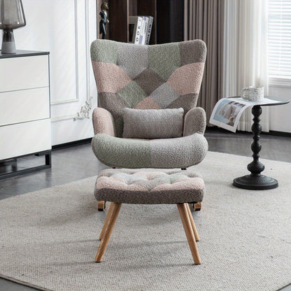 Schommelstoel – Lounge Chair – Fauteuil – Relaxstoel – Tuinstoel – Met rubberhouten frame – Memory foam zitkussen & lendensteun – Inclusief voetenbankje (49x38x37 cm) – Multicolor design