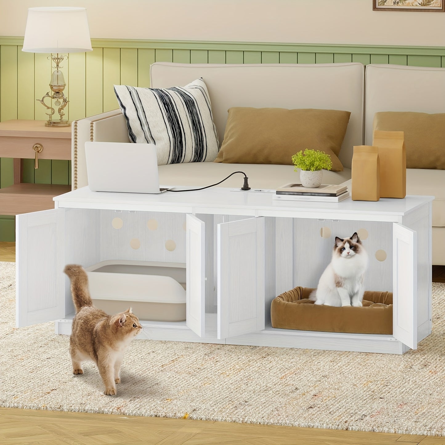 Kattenkast – Kattenhuis – Kattenbak Kast – Kattenmeubel – Kattenhol – 140x50x53,5 cm – Dubbele Ingangen Met USB- en Stroomvoorzieningen