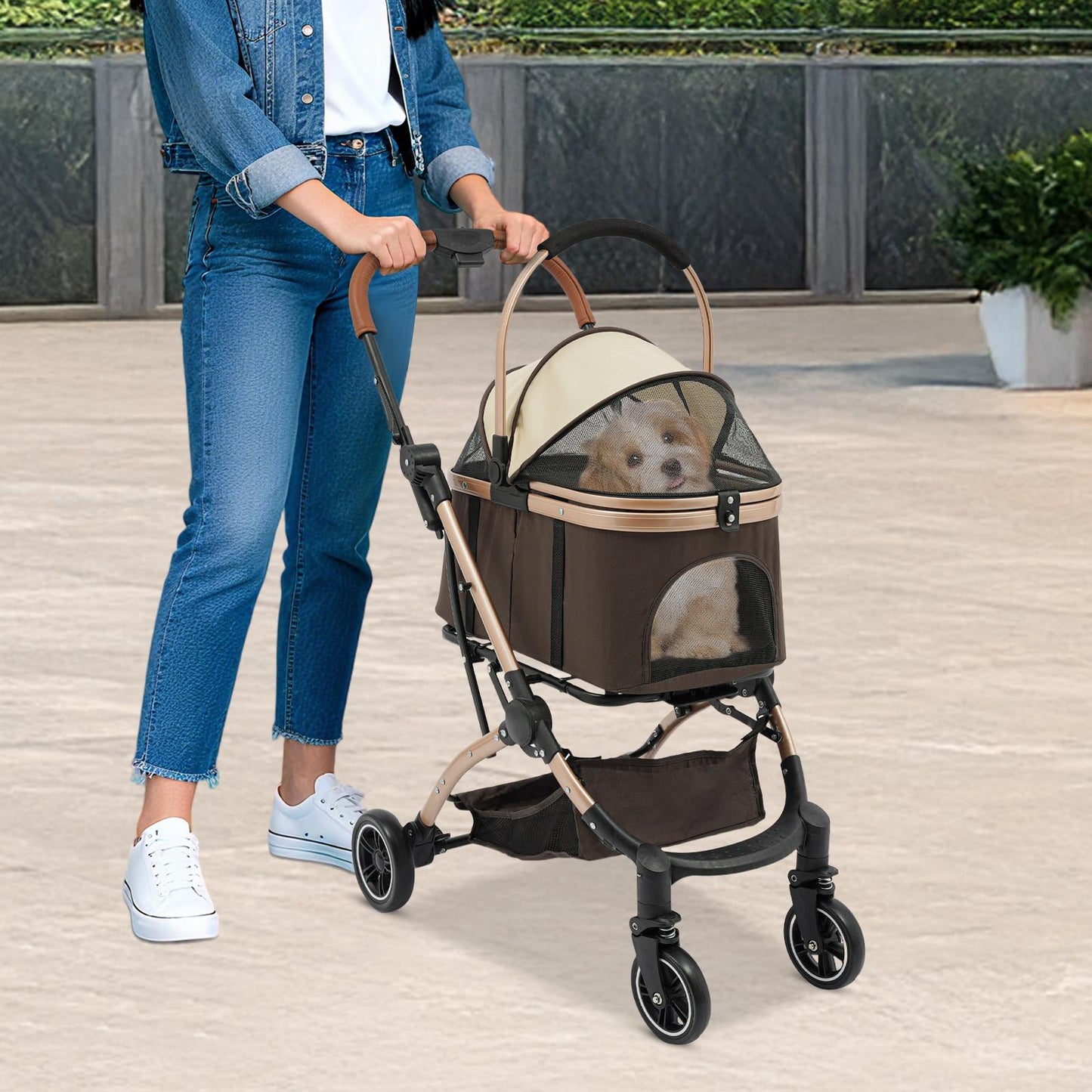 Foldable 4-Wheel All-Terrain Pet Stroller Cart with Canopy, Undercarriage Storage & Harness for dogs & cats - Heavy-Duty Nylon & Oxford Fabric Foldable Puppy/Kitten Carrier for Walks, Vet Visits, Airports, Shopping