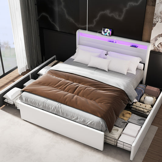 Bedframe – Tweepersoonsbed – Opbergbed – Gestoffeerd Bed – Led Bed – 140x200 cm – Met 4 Lades – USB RGB Verlichting