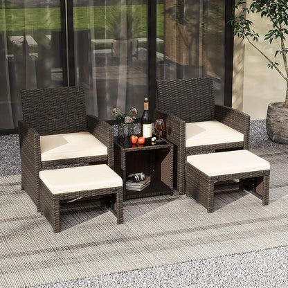 tuinmeubelset – loungeset – tuinstel – zitgroep – balkonset – 5-delig – rattan – glazen tafel – comfortabele fauteuils – voetkrukjes