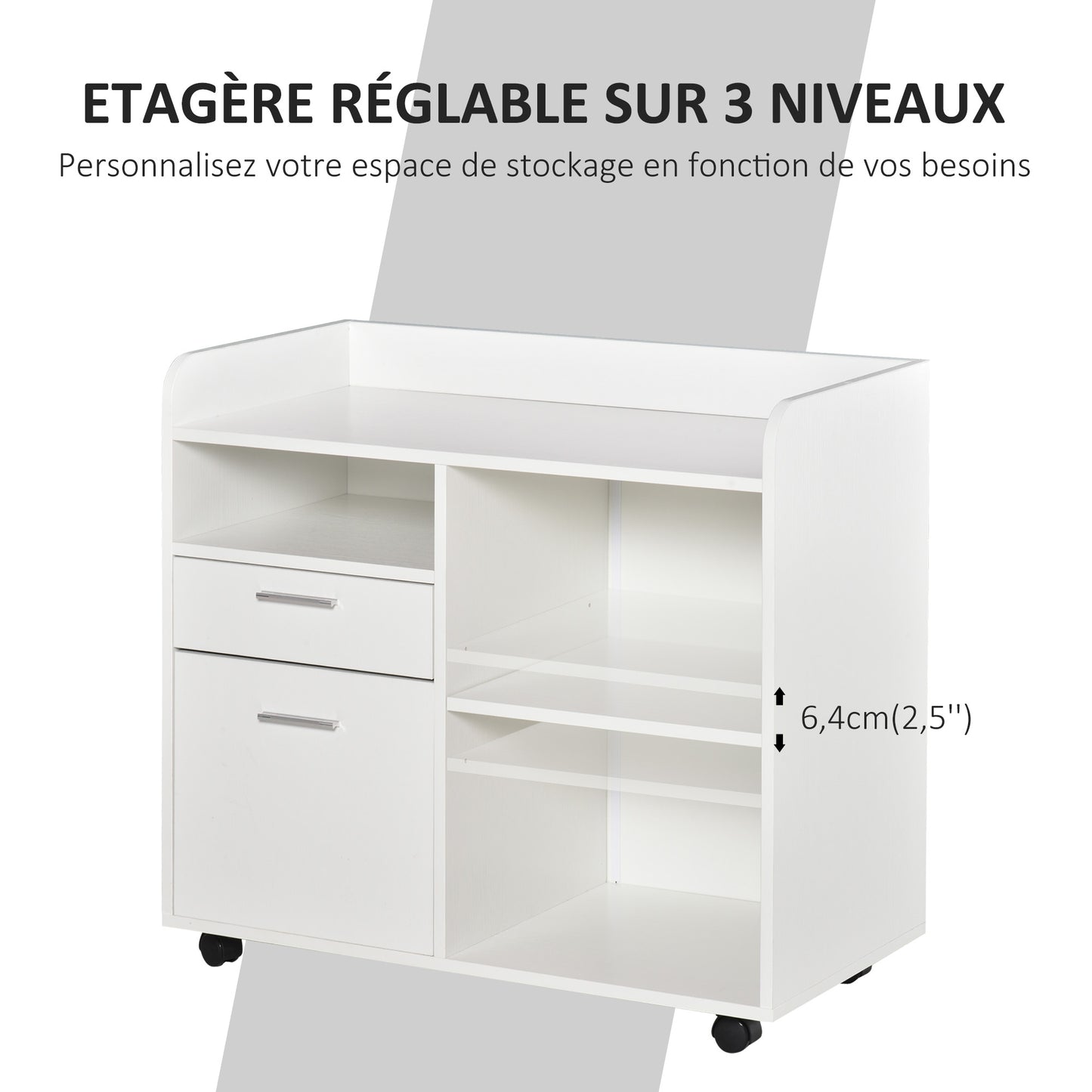 Bureau Organizer – Pennenbakje – Documentenbak – Opberglade – Printerstandaard – Wit Hout – Verstelbare Plank – Mobiele Zwenkwieltjes