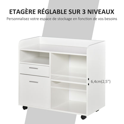 Bureau Organizer – Pennenbakje – Documentenbak – Opberglade – Printerstandaard – Wit Hout – Verstelbare Plank – Mobiele Zwenkwieltjes