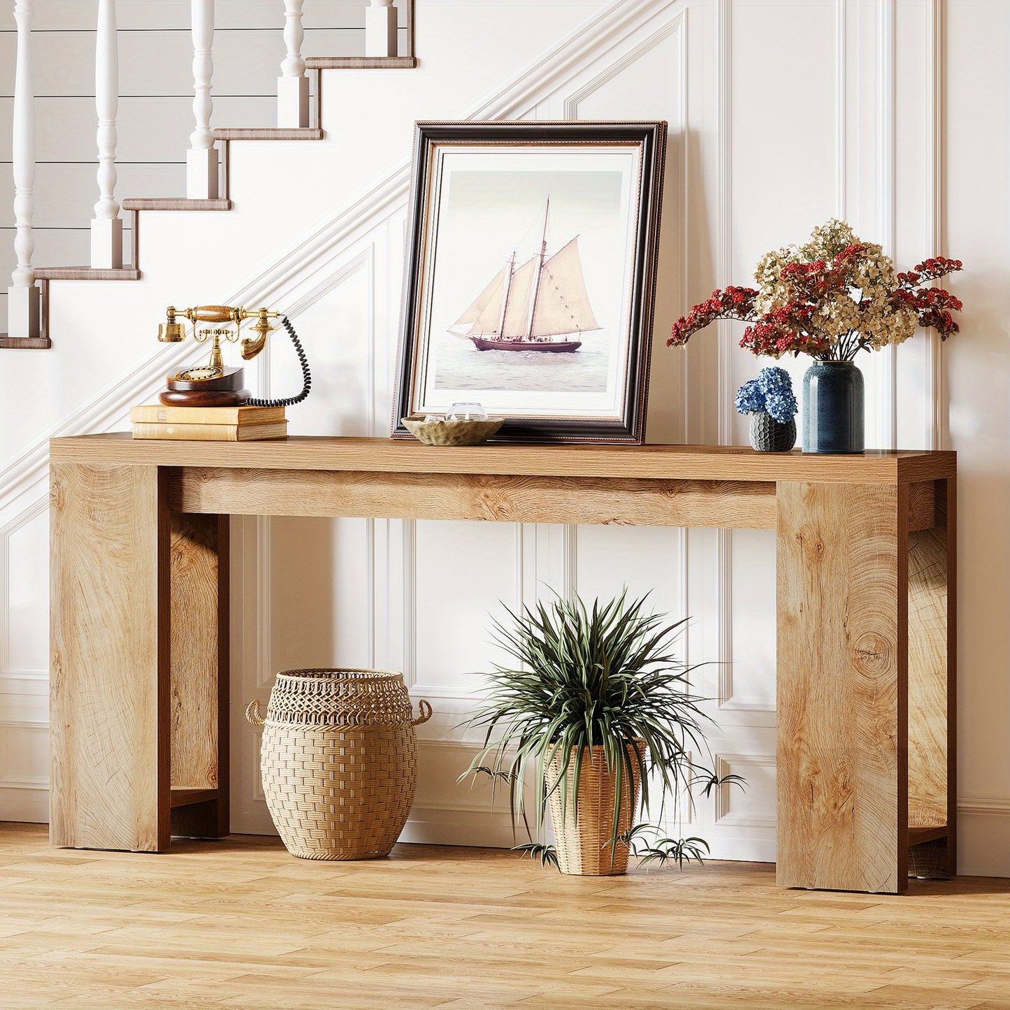 Sidetable – Consoletafel – Wandtafel – Haltafel – Bijzettafel – Houten Farmhouse Stijl – Compact 160x29,5x85 cm – Licht Eiken Bruin