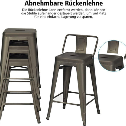 Eetkamerstoelen – Stoelen – Barkrukken – Restaurantstoelen – Metalen Stoelen – Verwijderbare Rugleuning – Max Belastbaarheid 150 kg – Zwarte Set van 4