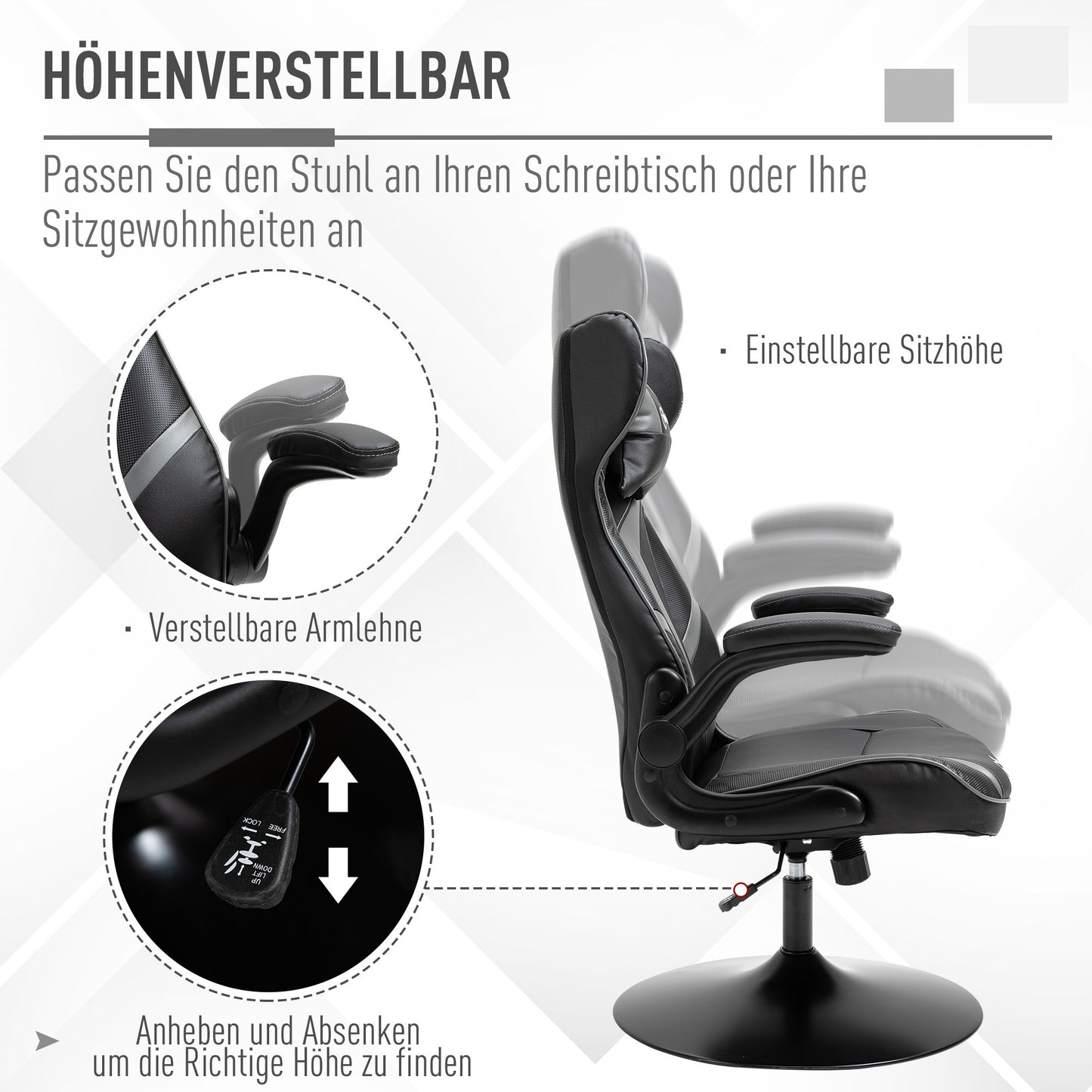 Gamingstoel – Ergonomische Bureaustoel – Gamestoel – Draaistoel – Comfortstoel – Zwart-Grijs – Verstelbare Hoogte – Kantelfunctie met Vergrendeling