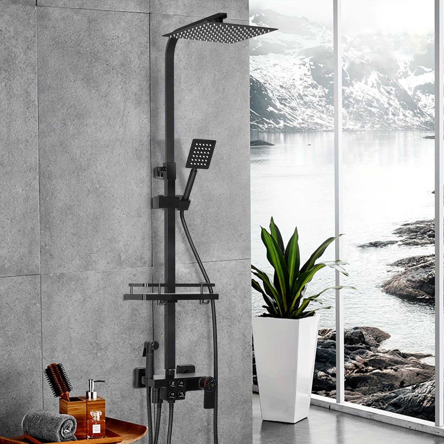 Thermostatische Douche – Doucheset – Regendouche – Handdouche – Bidet Douche – Mat Zwart Design – Waterkracht Aangedreven Display – Verstelbare Hoogte & Luchtverrijkte Waterstraal