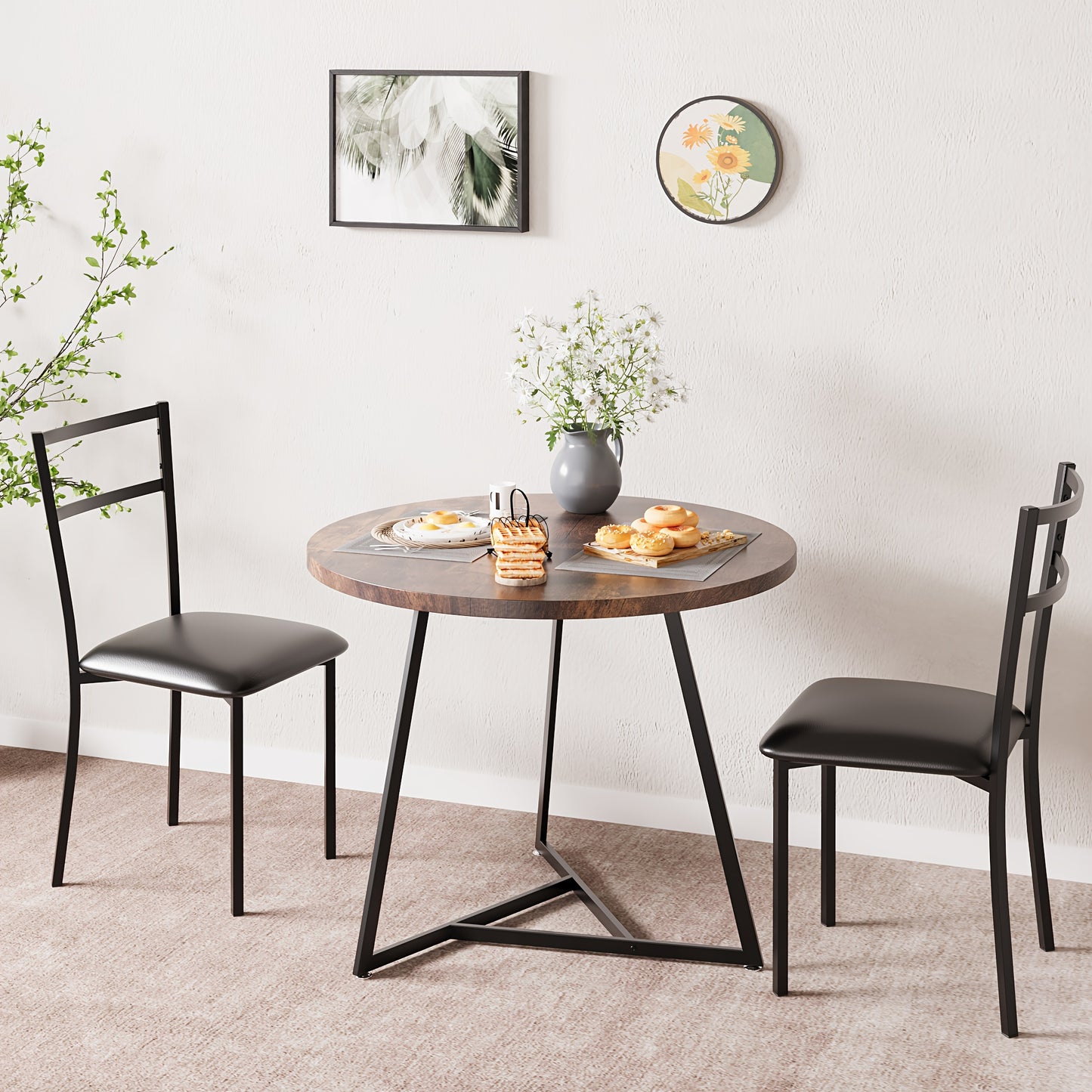 Eettafelset 2 Personen – Ronde Tafel – Keukentafel – Bistroset – Dinerset – Compact & Ruimtebesparend – Marmerlook Tafelblad & Goud Metaal
