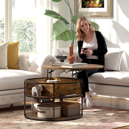 Salontafel – Koffietafel – Bijzettafel – Woonkamertafel – Accenttafel – Modern – Verstelbaar Blad – Bamboe Met Verborgen Opbergruimte – Rond Bruin – Ruimtebesparend Design