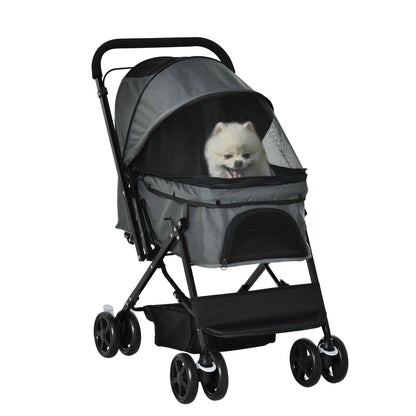Opvouwbare Hondenwagen – Hondenbuggy – Huisdierenwagen – Wandelwagen – Dierenwagen – Verstelbare Beschermkap – Mesh Ventilatievenster – Donkergrijs – 76,5 x 52 x 95 cm