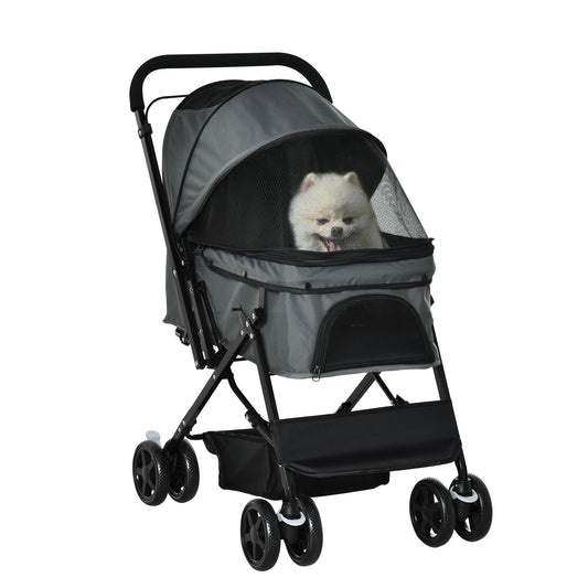 Opvouwbare Hondenwagen – Hondenbuggy – Huisdierenwagen – Wandelwagen – Dierenwagen – Verstelbare Beschermkap – Mesh Ventilatievenster – Donkergrijs – 76,5 x 52 x 95 cm