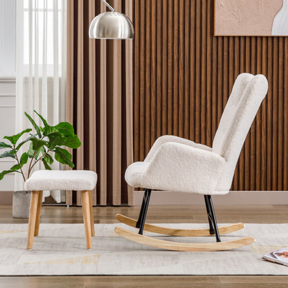 Schommelstoel – Rocking Chair – Relaxstoel – Schommelzetel – Witte Schommelstoel – Teddy Pluche Bekleding – Inclusief Hoofd- en Voetensteun