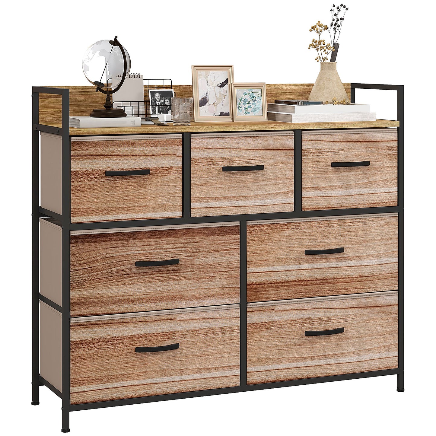 Opbergkast – Opbergmeubel – Kledingkast – Ladenkast – Stoffen lades – Zwart metalen frame – 7 inklapbare stoffen lades – Afm. 98x29x85 cm – Natuurlijke kleuren – Verstelbare poten