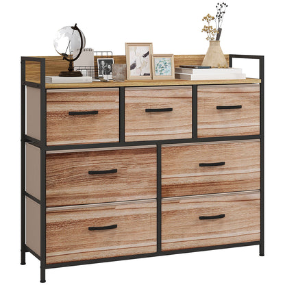 Opbergkast – Opbergmeubel – Kledingkast – Ladenkast – Stoffen lades – Zwart metalen frame – 7 inklapbare stoffen lades – Afm. 98x29x85 cm – Natuurlijke kleuren – Verstelbare poten
