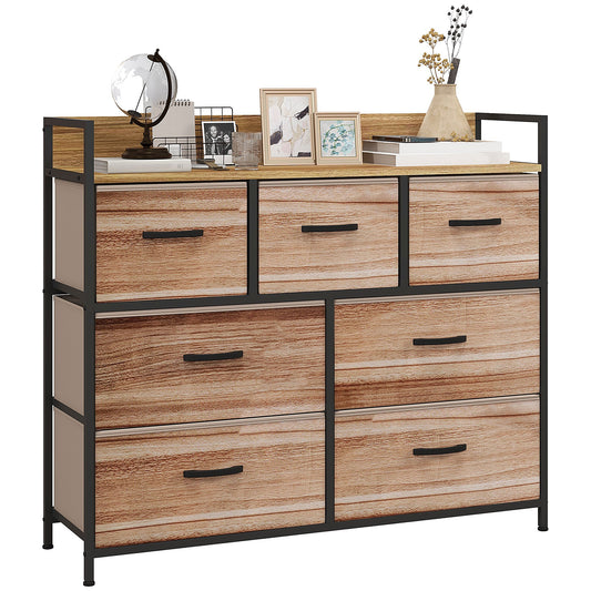 Opbergkast – Opbergmeubel – Kledingkast – Ladenkast – Stoffen lades – Zwart metalen frame – 7 inklapbare stoffen lades – Afm. 98x29x85 cm – Natuurlijke kleuren – Verstelbare poten