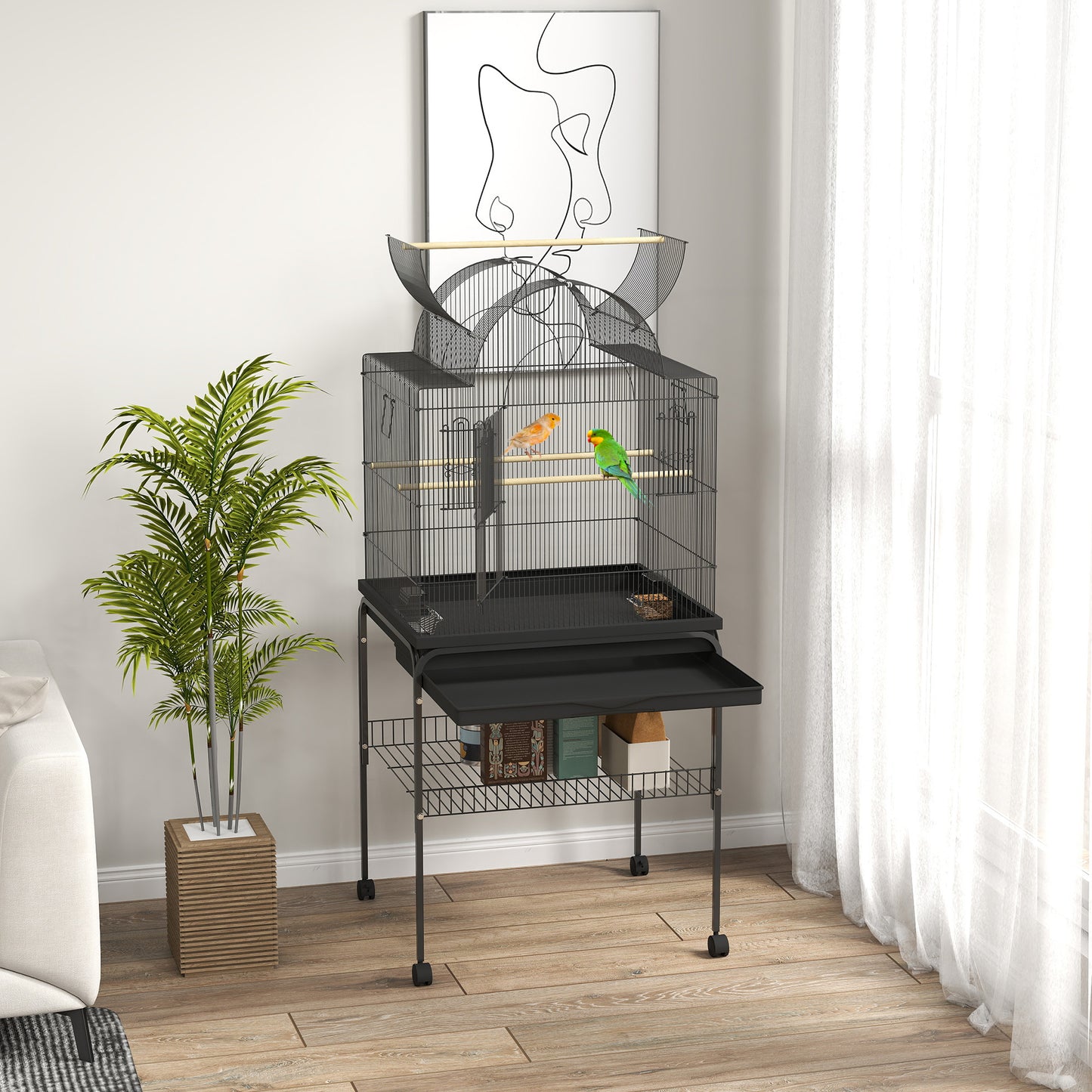 Vogelkooi – Parkietenkooi – Kanariekooi – Papegaaienkooi – Volière – Stalen Kooi – Wieltjes met Remmen – Uitneembare Lade 63x53x144 cm Zwart