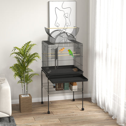 Vogelkooi – Parkietenkooi – Kanariekooi – Papegaaienkooi – Volière – Stalen Kooi – Wieltjes met Remmen – Uitneembare Lade 63x53x144 cm Zwart