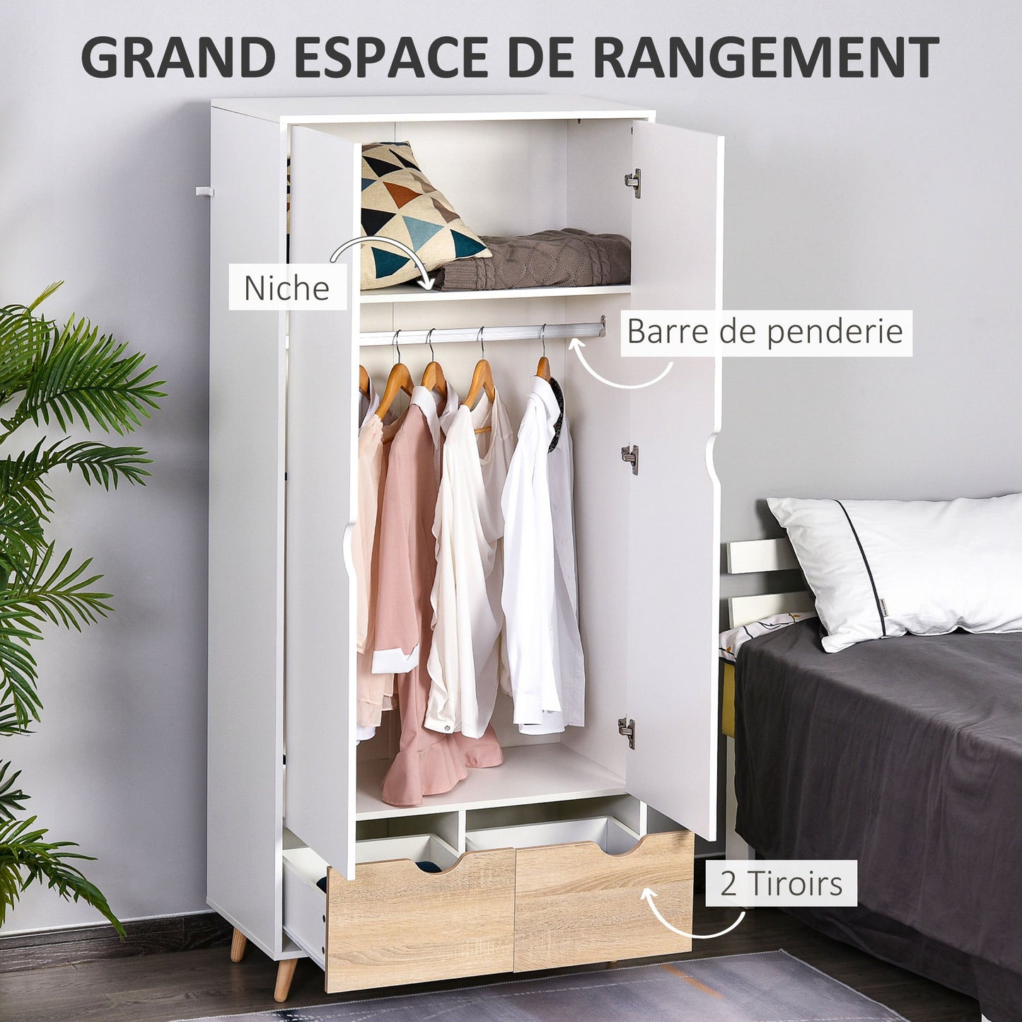 Kledingkast – Garderobekast – Opbergkast – Slaapkamerkast – Witte Kast – Scandinavisch Design – 80x40x180 cm – Melamine Coating