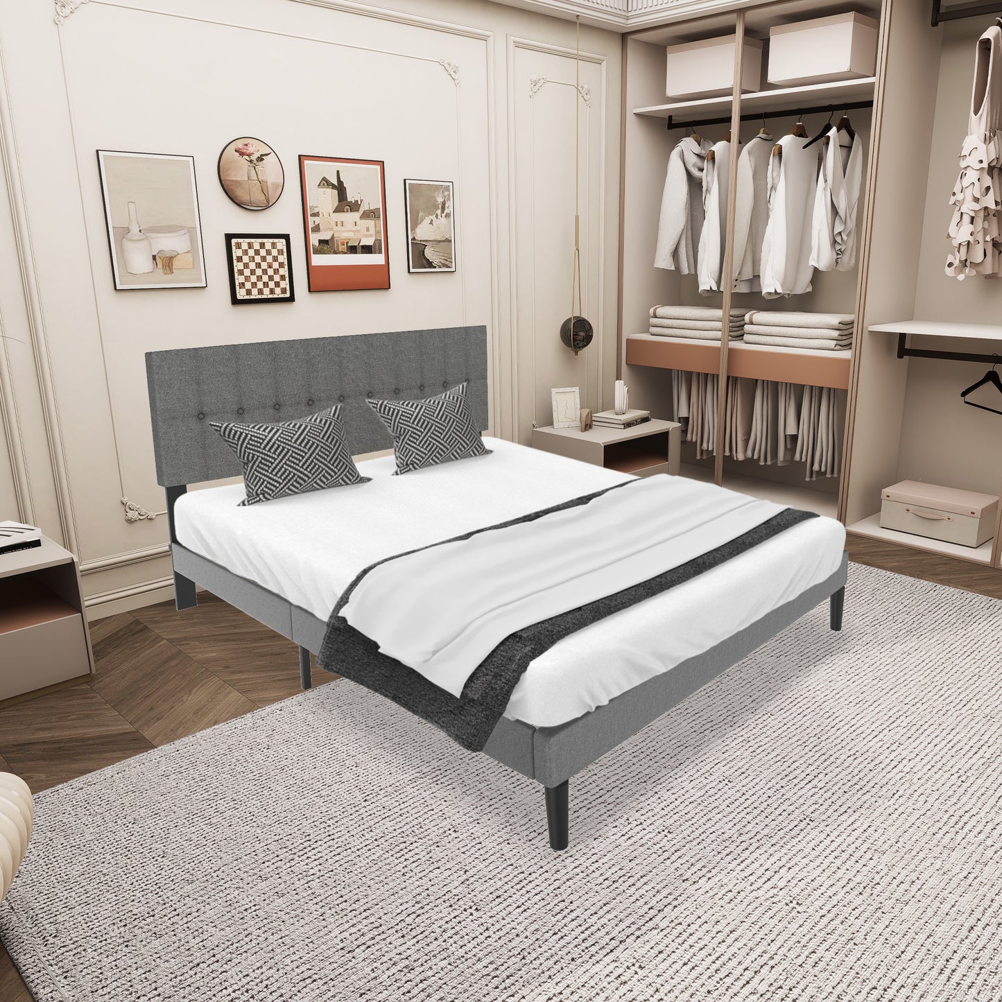 Gestoffeerd Bed – Linnen Bed – Bedframe – Slaapbed – Bed Met Hoofdbord – Lichtgrijs Linnen Bekleding – Stevige Houten Constructie – Stil En Comfortabel