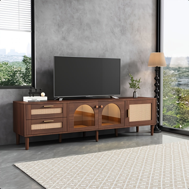 tv meubel – tv kast – tv dressoir – media meubel – tv stand – Groot Bruin Modern Tv Meubel voor 70-80 Inch – Gebogen Deuren & 2 Lades – Ruime Opbergruimte 3,2+ Kubieke Voet – Duurzaam Niet-Hout Materiaal – Eenvoudige Montage