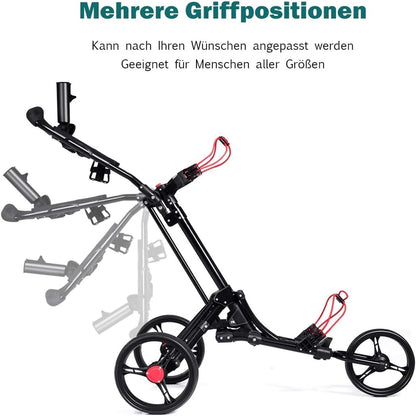 Golftrolley – Golfkar – Golfwagen – Golfcaddy – 3-Wiel Trolley – Aluminium – Inklapbaar met Parapluhouder & T-Stukhouder – Zwart