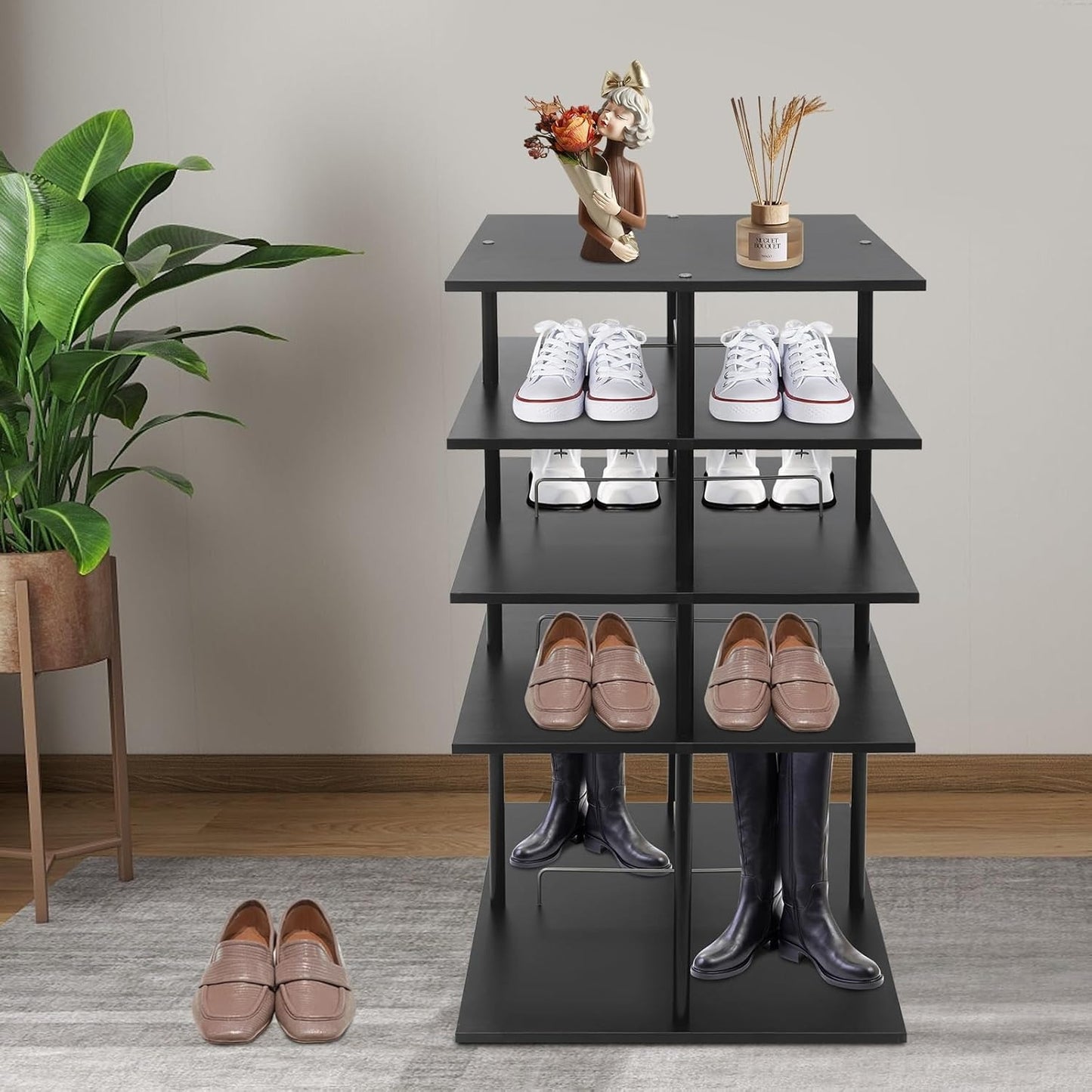 Draaibaar Schoenenrek – Schoenenkast Toren – Schoenendisplay – Schoenopberger – Schoenenrek 4-Lagen – 360° Draaibaar Design – Stevig Metaal Zwart