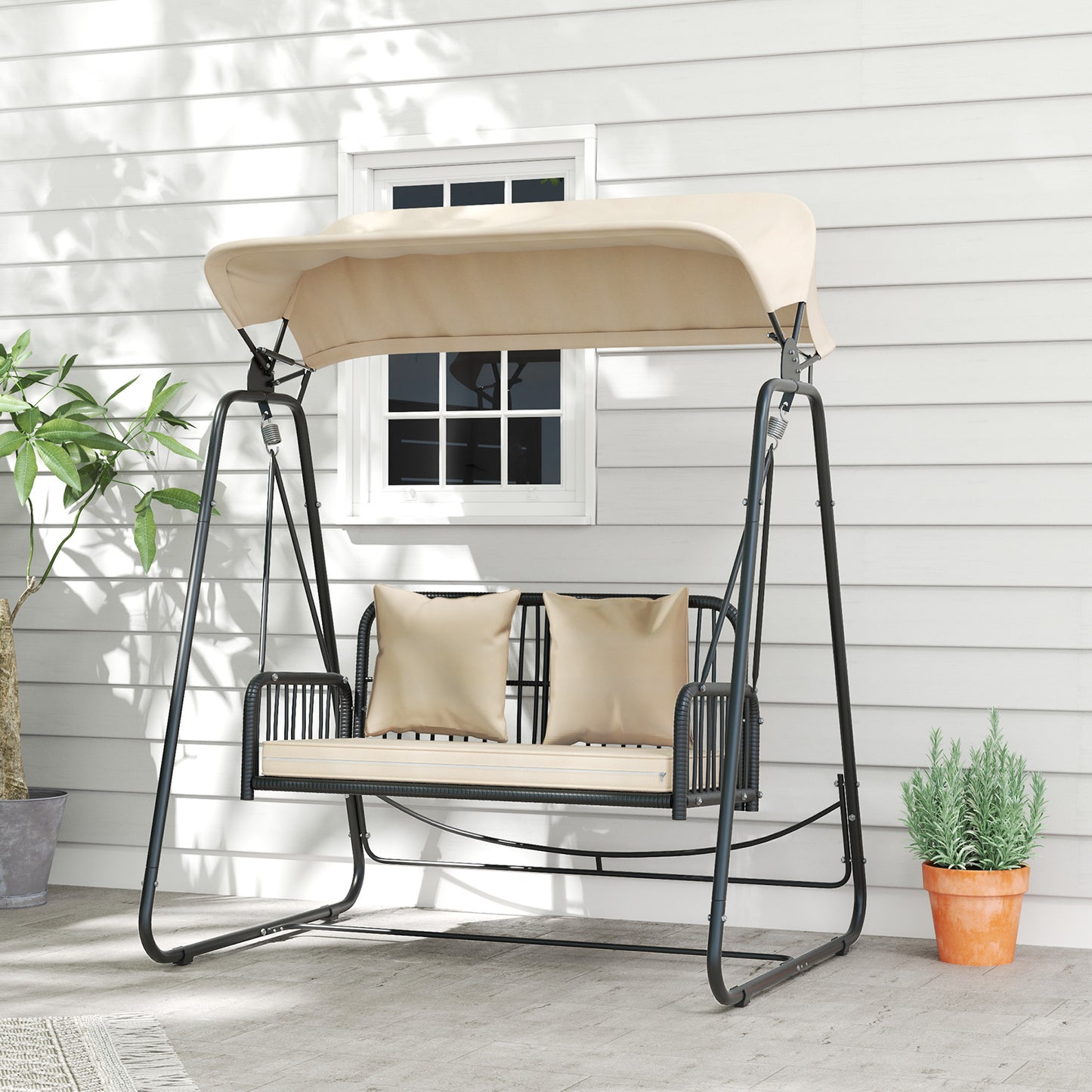 Tuinbank – Buitenbank – Loungebank – Tuinmeubel – Schommelbank – 2-Zits Rattan Hollywood Schommel – Inklapbaar Zonnescherm – Comfortabel Met Kussen – Draagvermogen 240 kg – 149x121x180 cm – Khaki