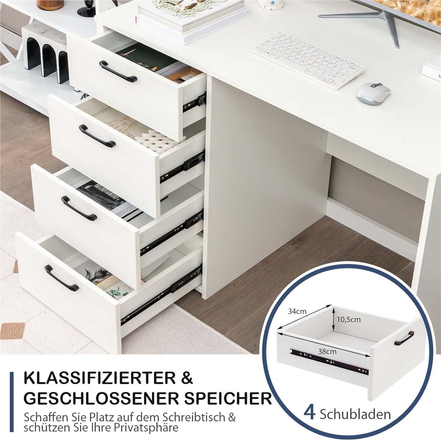 Bureau – Computertafel – Werkplek – Studietafel – Schrijftafel – Modern Wit Design – 110 x 60 x 76 cm – 4 Ruime Lades