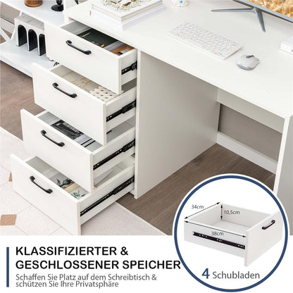Bureau – Computertafel – Werkplek – Studietafel – Schrijftafel – Modern Wit Design – 110 x 60 x 76 cm – 4 Ruime Lades