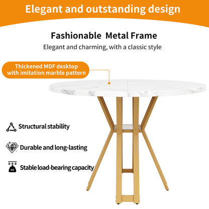 Ronde Eettafel – Ronde Tafel – Design Eettafel – Marmerlook Tafel – Keukentafel – MDF Tafelblad Marmerstructuur – Stevig Gouden Metalen Frame – 100 cm – Voor 4-6 Personen