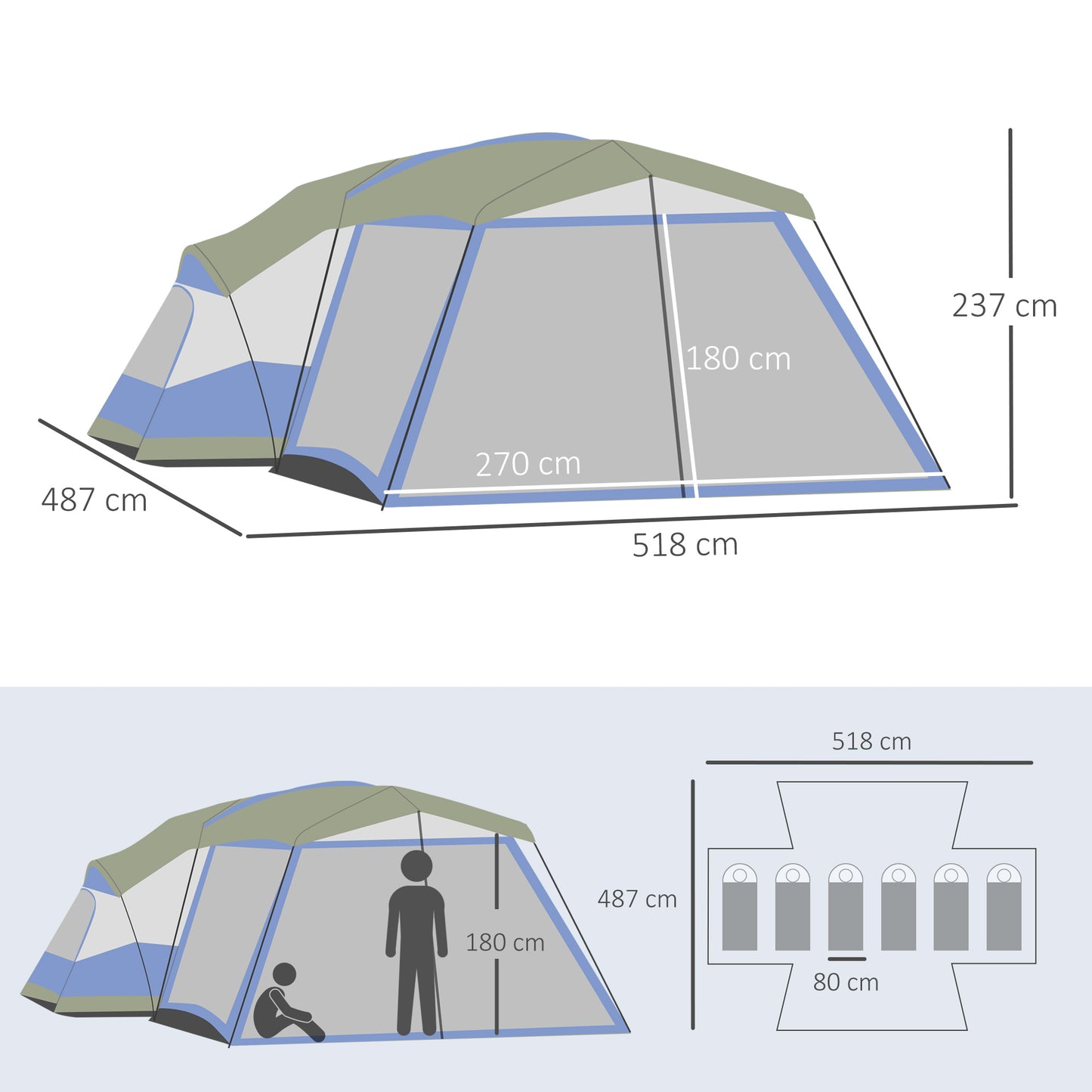 Familietent – Kampeertent – Trektent – Festivaltent – Dome Tent – Waterdicht PU 3000mm – Ruim voor 6-8 Personen – Blauw