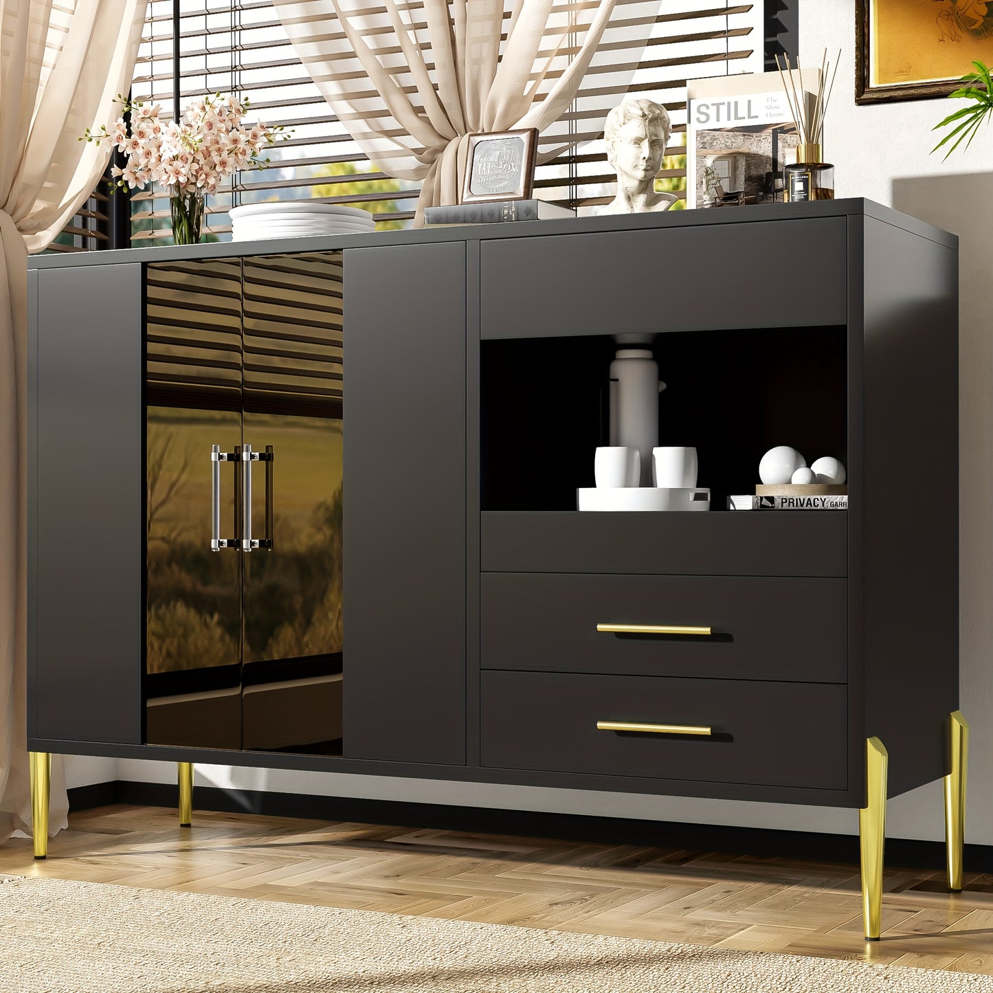 Dressoir – Sideboard – Opbergkast – Ladekast – Buffetkast – Zwart – 120 cm – Met Glazen Deuren En 3 Lades – Verstelbare Legplanken