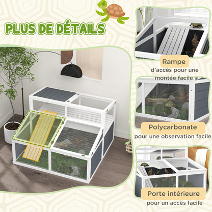 Turtle Huis – Schildpadden Verblijf – Terrarium – Buitenren – Houten Kweekverblijf – Dubbele Verdieping – 3 Deuren en Toegangsluis – 115x115x82 cm Grijs