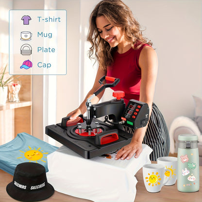 Hittepers – Transferpers – Sublimatiepers – Warmtepers – 8-in-1 Multifunctioneel – 360° Draaibare Arm – Digitale Temperatuur & Timer – 30x38 cm Persvlak