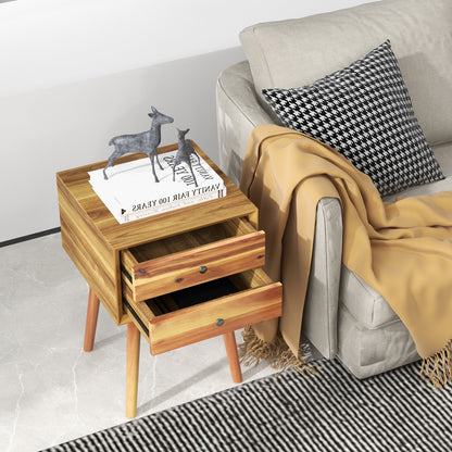 Nachtkastje – Nachtkastjes – Bijzettafel – Ladekastje – Slaapkamertafel – Hout – 2 Lades – Natuurlijk Rubberhout – 40x40x59,5 cm