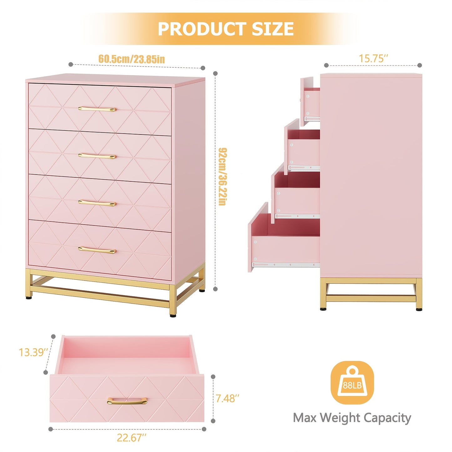 Nachtkastje – Ladekast – Bijzettafel – Opbergkast – Kast – Roze – 4 Lades – Hout – 69 cm Hoog – Gouden Handgrepen – Modern Minimalistisch Design