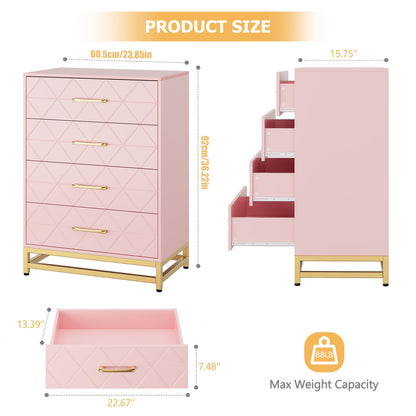 Nachtkastje – Ladekast – Bijzettafel – Opbergkast – Kast – Roze – 4 Lades – Hout – 69 cm Hoog – Gouden Handgrepen – Modern Minimalistisch Design